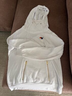 Aviator Nation “Ninja” White Hoodie Gold Zip Pockets Size Large
